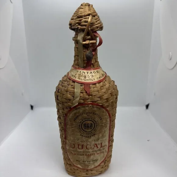 Vtg 1949 Basket Weave Wicker Case Ducal Portuguese Red Lisbon Grape Wine Bottle - Picture 1 of 4